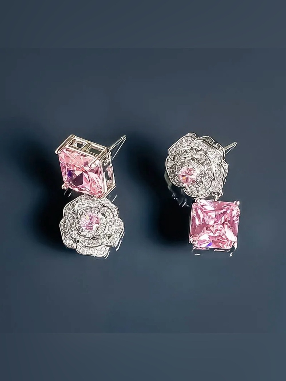 Pink Crystal Asymmetric Camellia Flower Drop Earrings